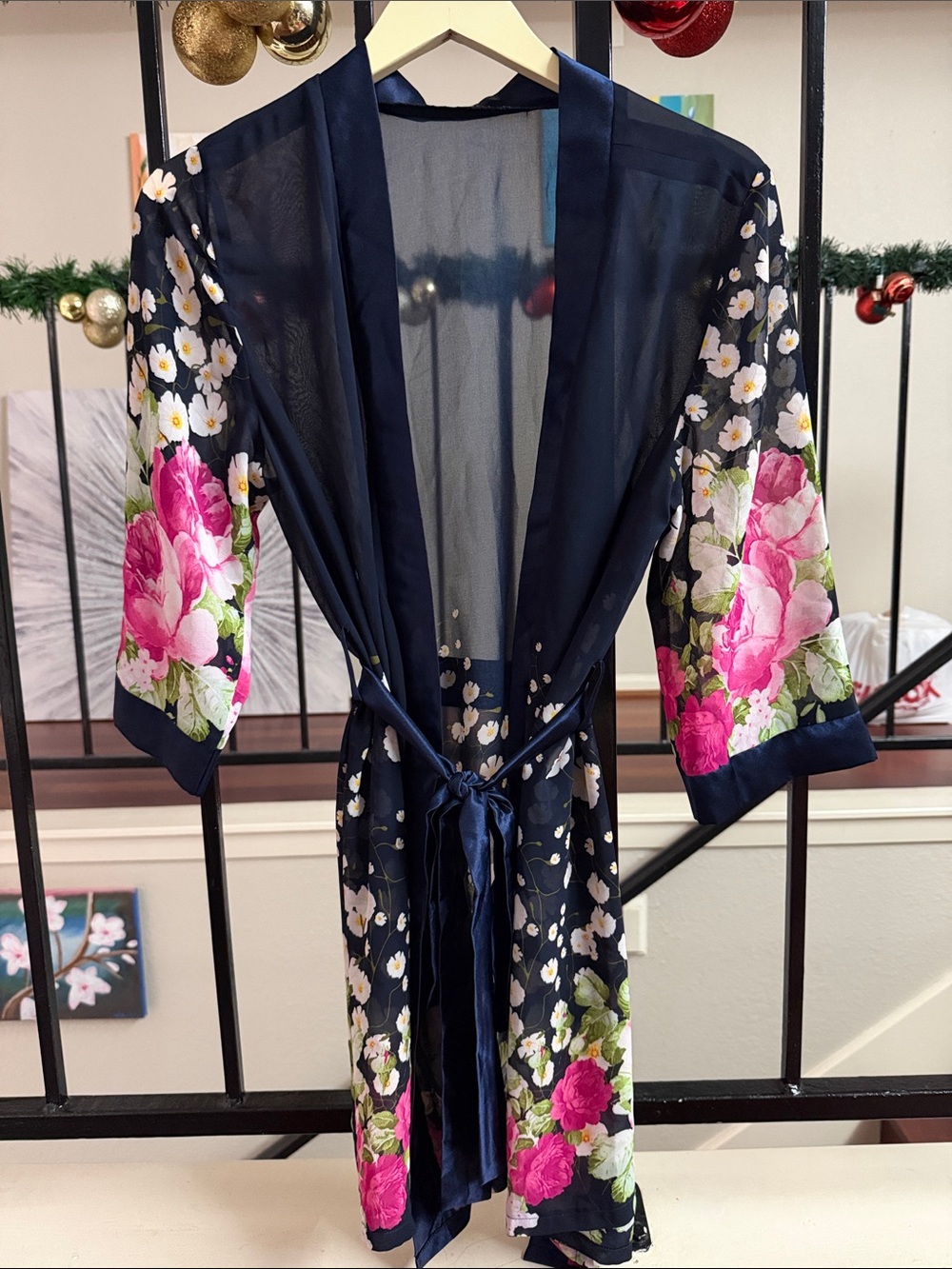 Floral Kimono Robe - Navy & Pink